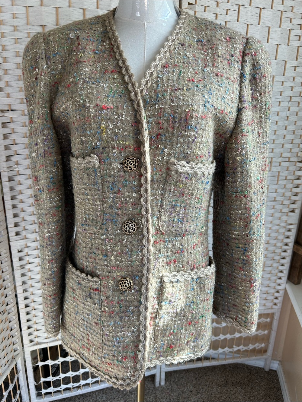 NUDIIR Spain Mohair Blend Beige Tweed Women's Jacket US 10 Decorative Buttons